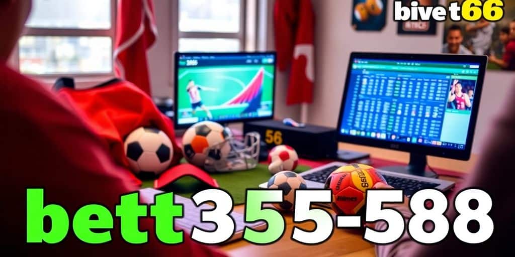 Person betting online with sports items around them.