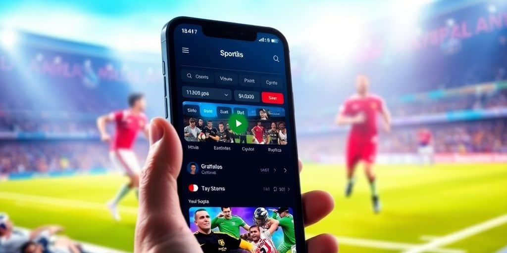Mobile phone with sports betting app and a sports background.