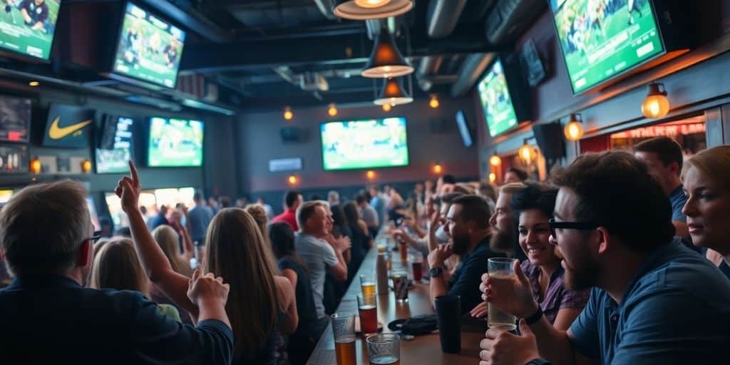 Crowd cheering in a lively sports bar setting.