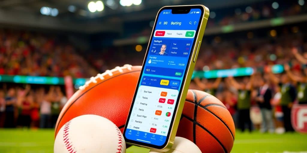 Smartphone with sports betting app and sports equipment.