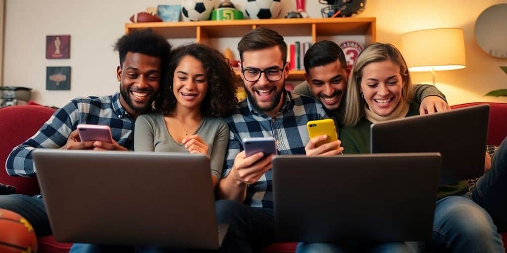 Diverse people enjoying online sports betting at home.