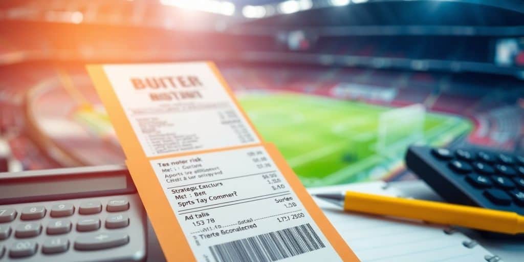 Sports betting ticket with calculator and notepad on table.