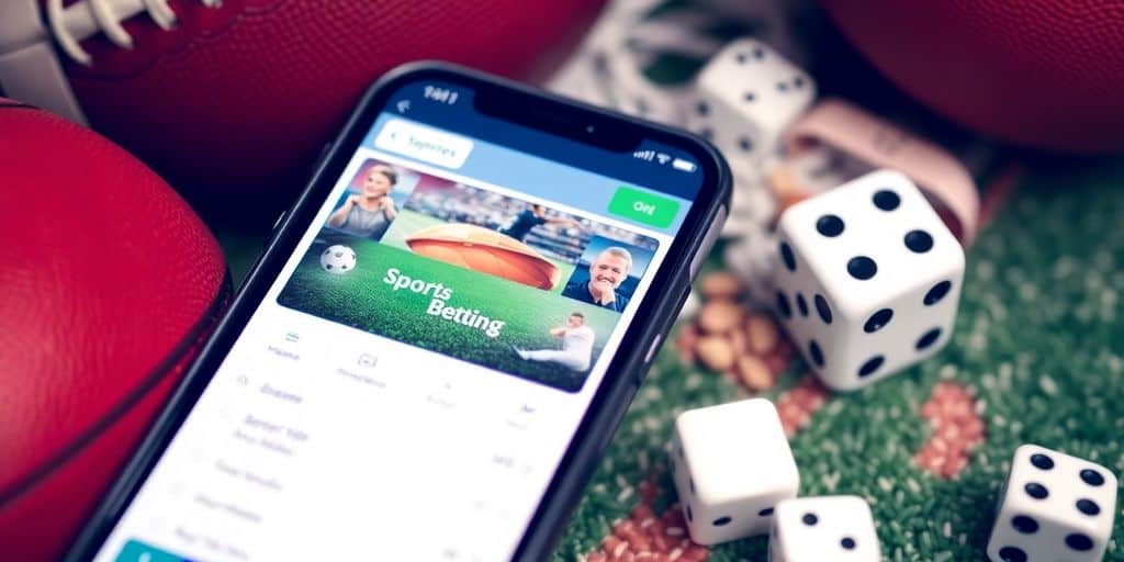 Smartphone with sports betting app and sports items around it.