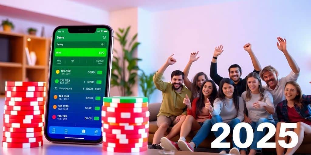 Group of friends celebrating with betting chips at home.