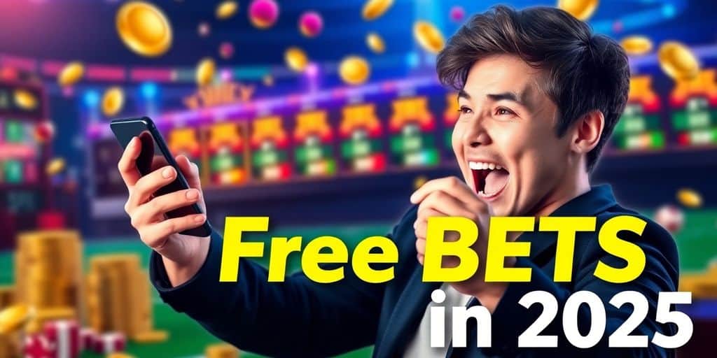 Person joyfully betting on smartphone with casino background.