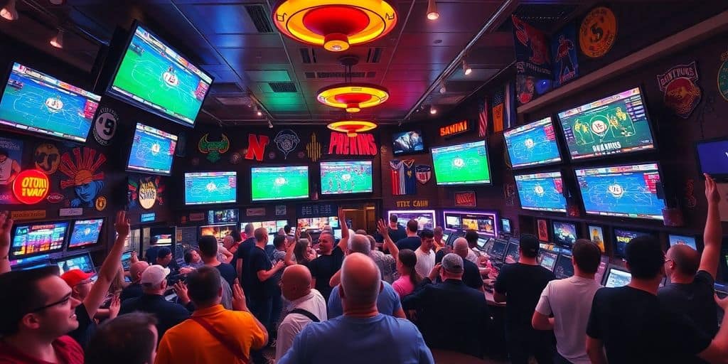 Exciting sportsbook scene with fans and sports memorabilia.