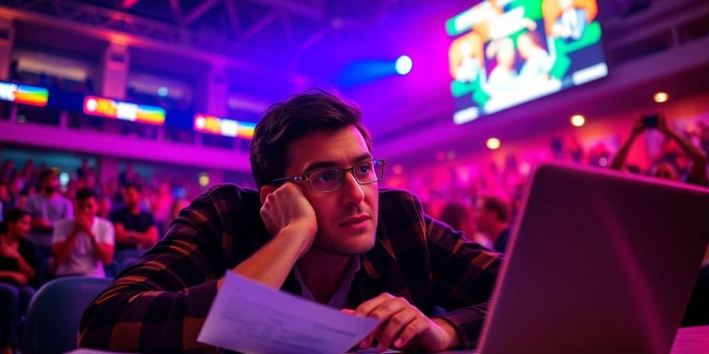 Person watching live sports with betting slips and laptop.