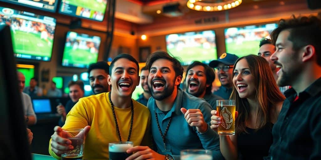 Group of people enjoying sports betting at a lively bar.