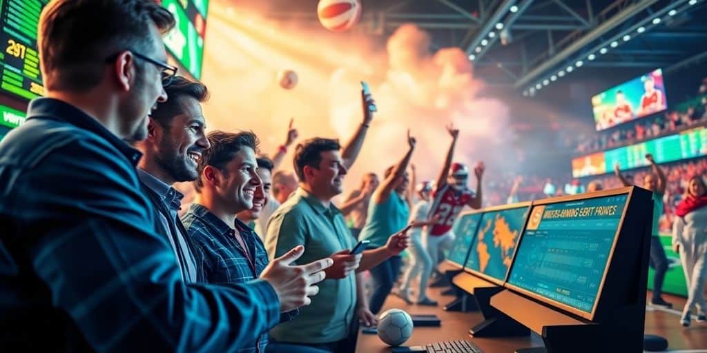 Crowd cheering at a sports betting event.