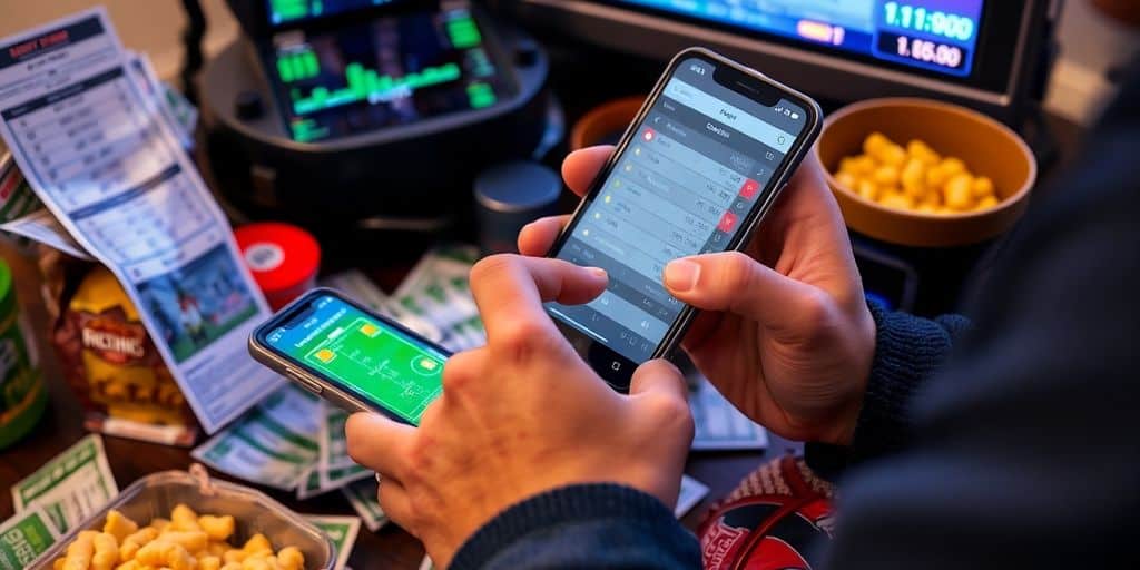 Person reviewing sports betting odds with game tickets nearby.