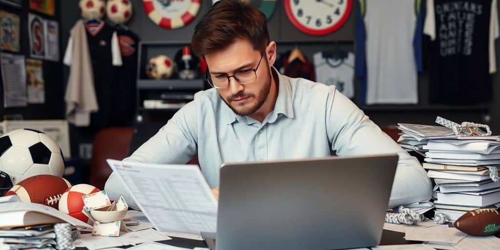Person analyzing sports data for betting strategies.