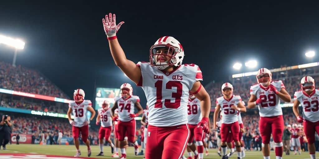 Canadian football player celebrating on the field at night.