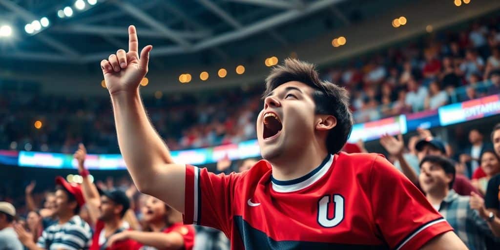 Cheering sports fans in a stadium showing excitement.