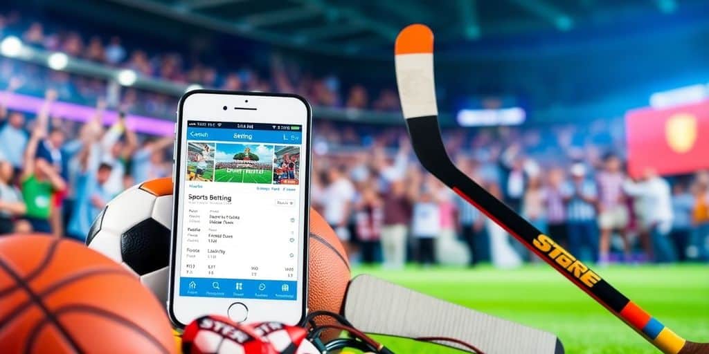 Smartphone with sports betting app and sports equipment.