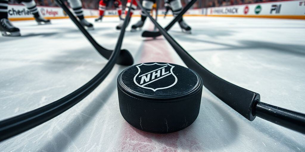 Hockey puck on ice with jerseys and sticks surrounding it.