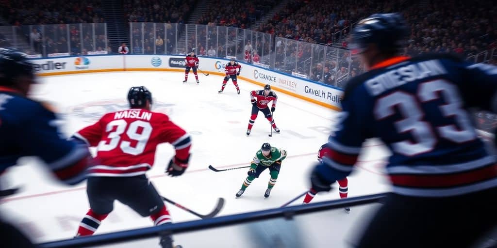 NHL players competing on ice during a match.