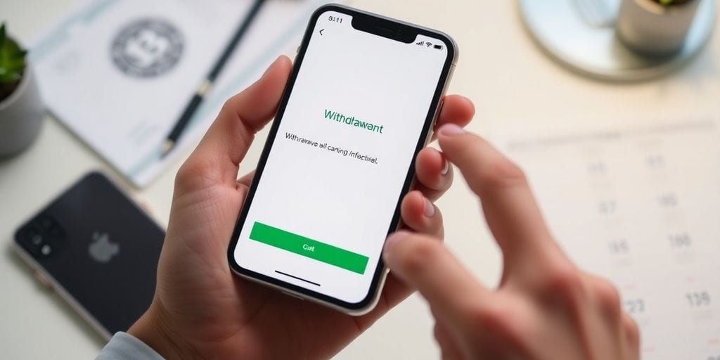 Hand holding smartphone with banking app interface.