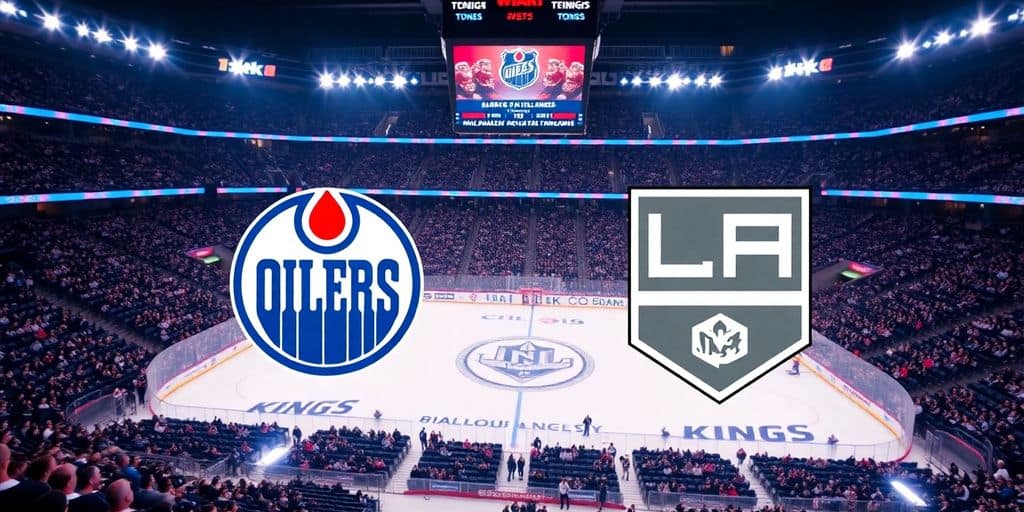 Oilers and Kings logos on the ice at NHL arena.