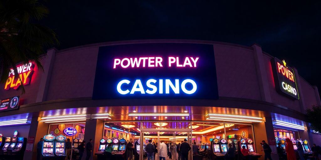 Power Play Casino exterior with neon lights at night.