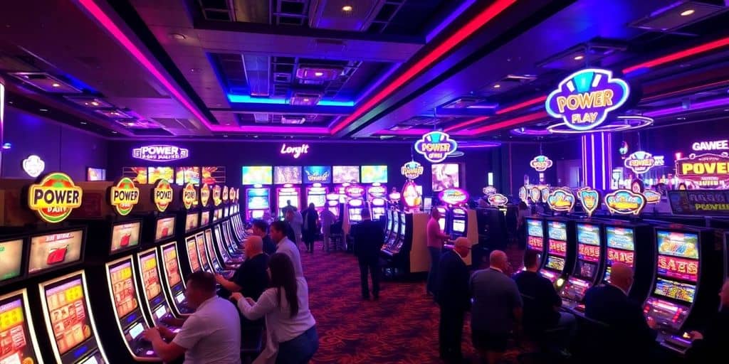 Lively casino floor with players and slot machines.