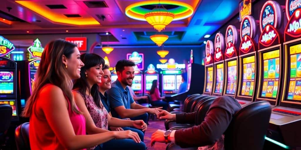 Friends playing games in a lively social casino atmosphere.