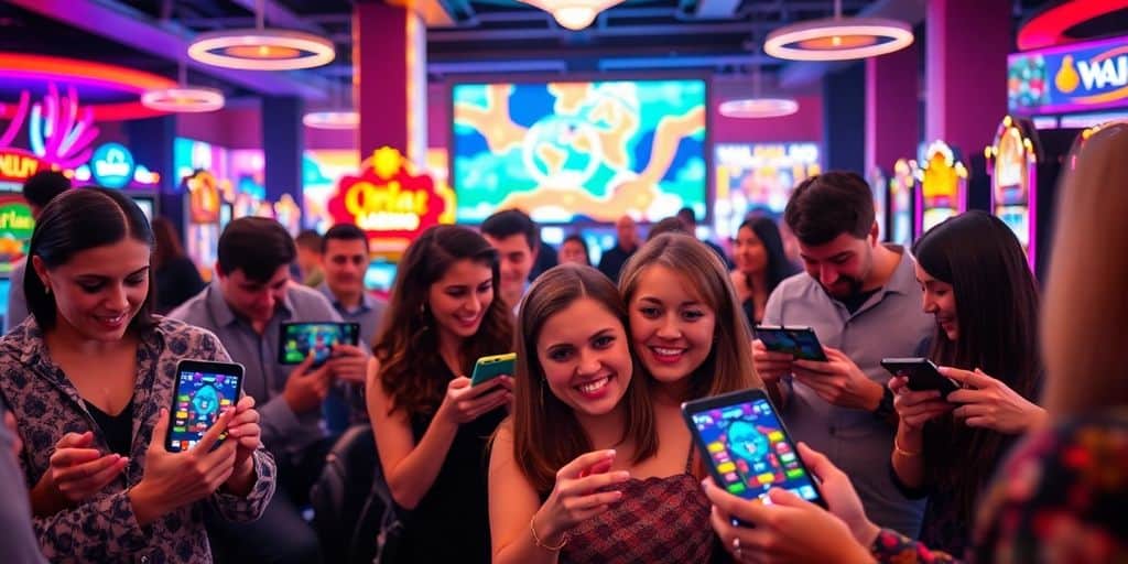 Players engaging with social casino games on devices.