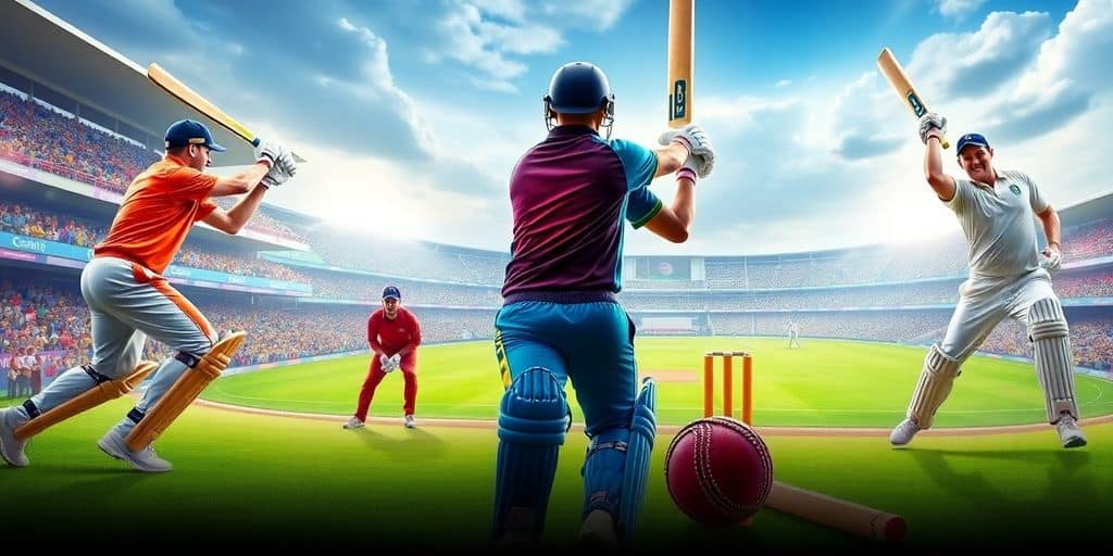 Cricket players in action on the field with spectators.