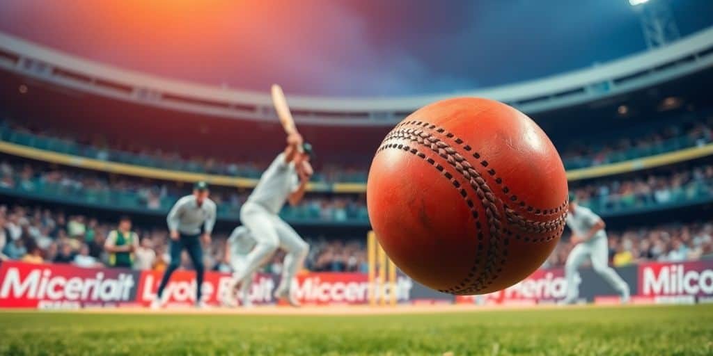 Cricket match action with players and spectators in excitement.