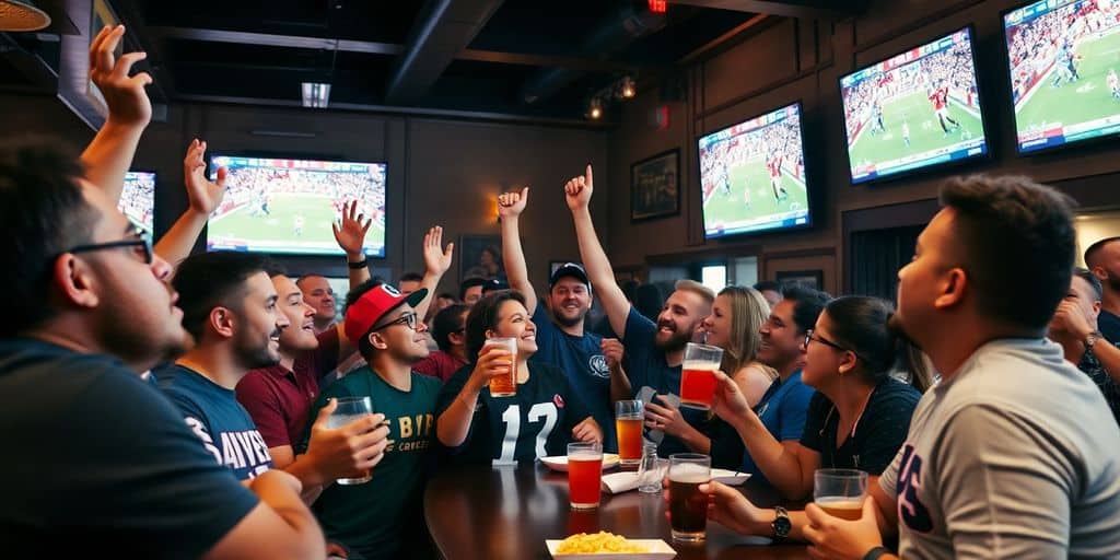 Fans enjoying a CFL game together in a bar.