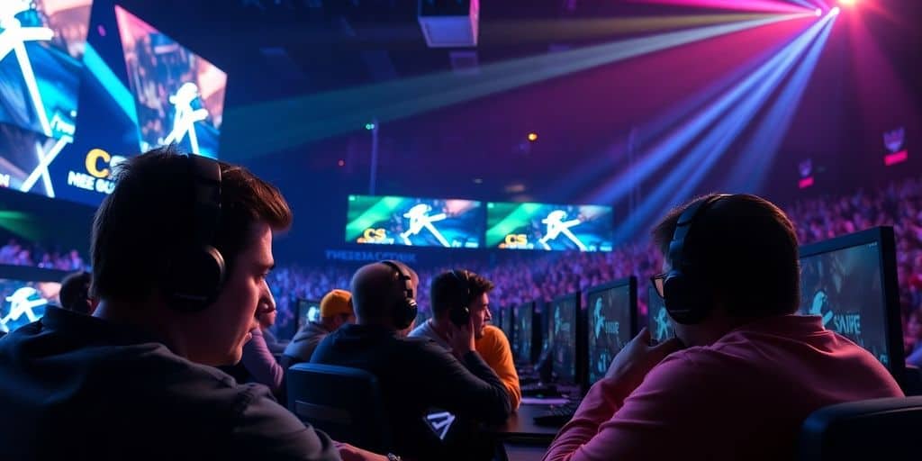 Intense CS GO esports match with players and colorful lights.