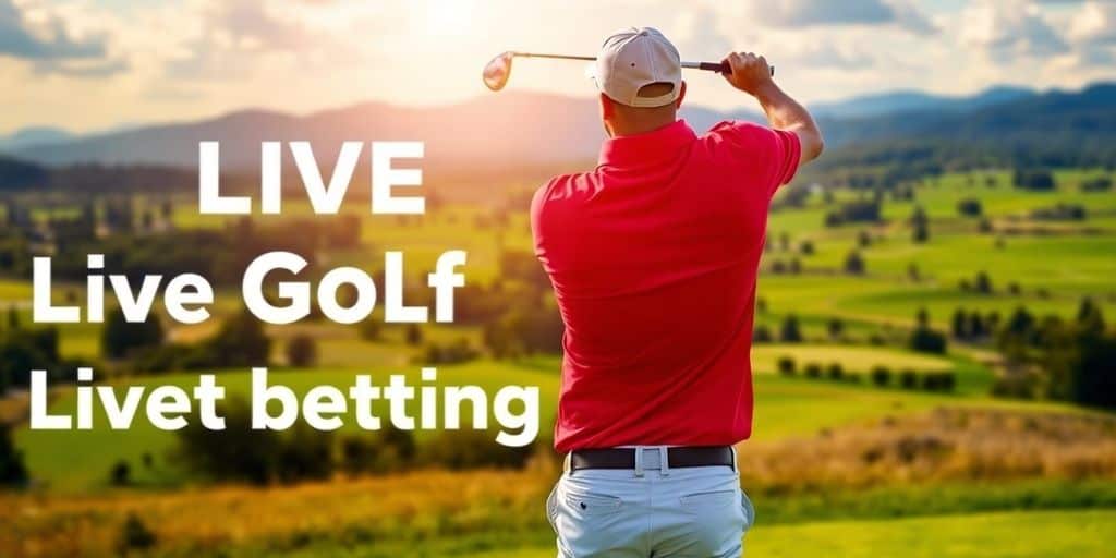 Golfer mid-swing on a sunny golf course.