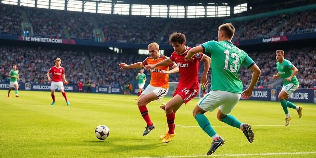 Soccer players competing on the field during a match.