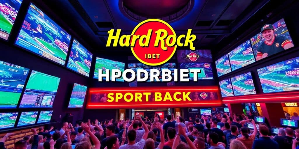 Crowd cheering at Hard Rock Bet Sportsbook during games.