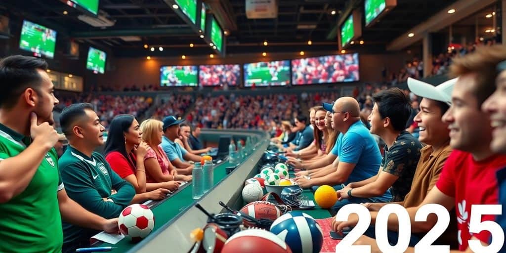 Excited fans enjoying live sports betting atmosphere.