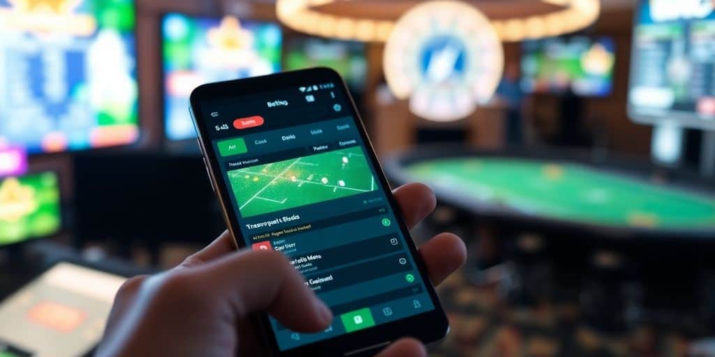 Hand holding smartphone with betting app displayed.