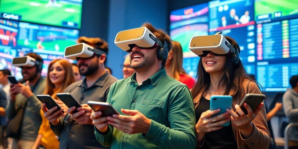 Group of people using technology for sports betting.
