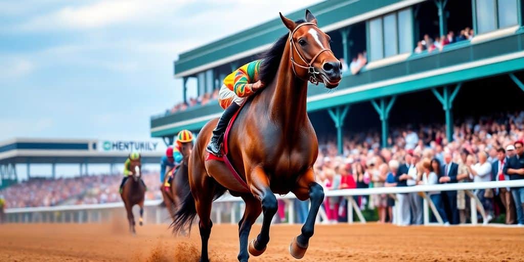 Racehorse sprinting at the Kentucky Derby with spectators.