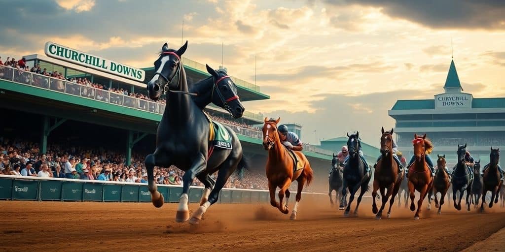 Horses racing at the Kentucky Derby with spectators cheering.