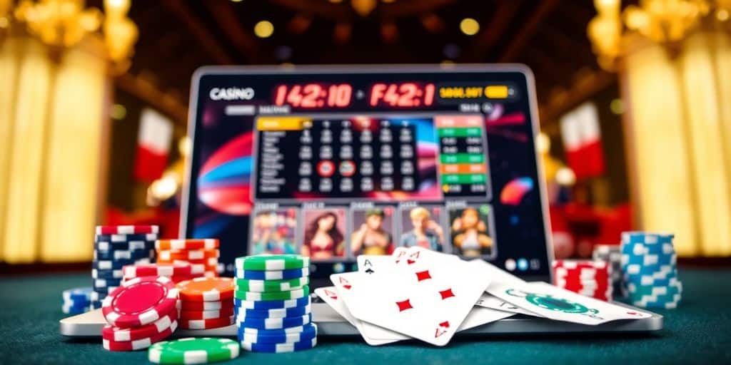Online casino interface with gaming chips and playing cards.