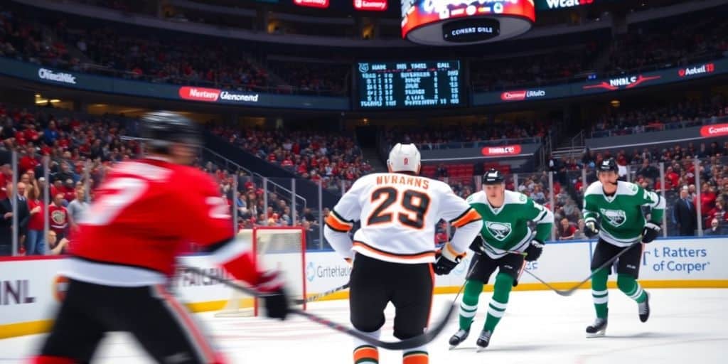 NHL players competing on the ice during a game.