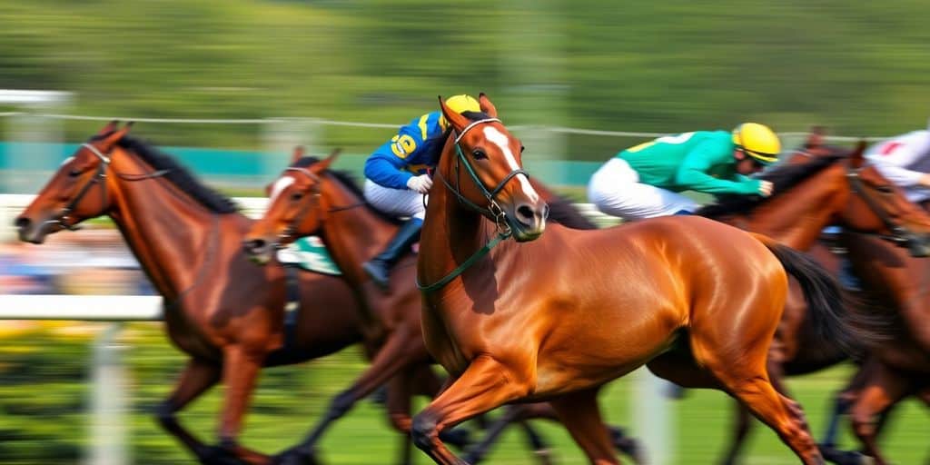 Horse racing action with jockey in colorful attire.