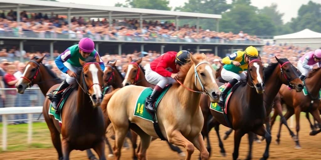 Horses racing on a track with jockeys in colorful silks.