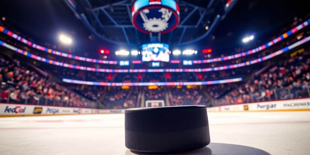 Hockey rink with cheering fans and a puck on ice.