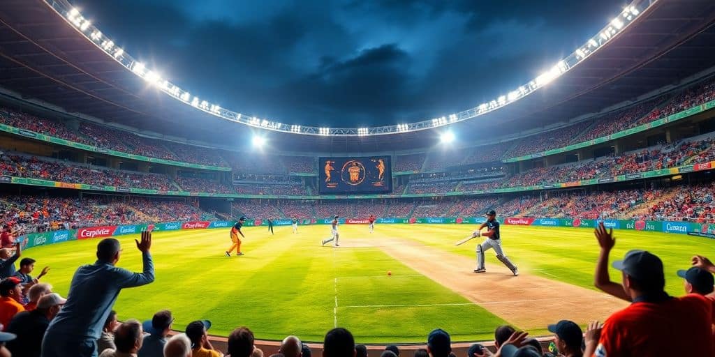 Cricket players in action at a vibrant stadium.