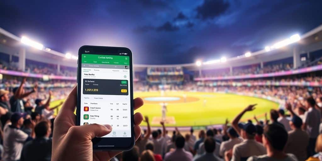 Smartphone with cricket betting app and a lively match.