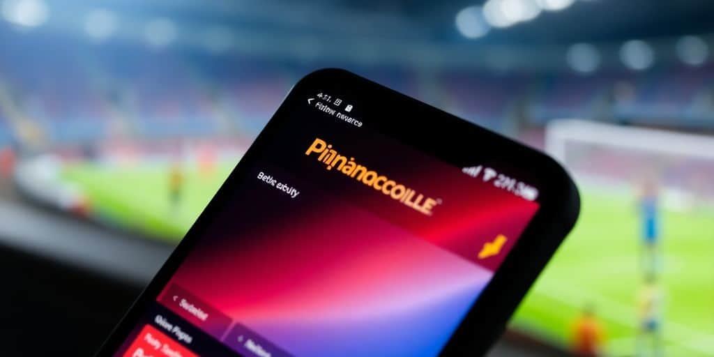 Smartphone displaying Pinnacle Sports app in a sports setting.