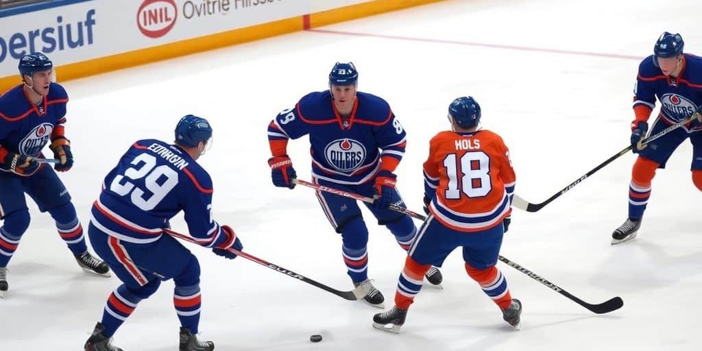 Edmonton Oilers players competing on the ice during a game.