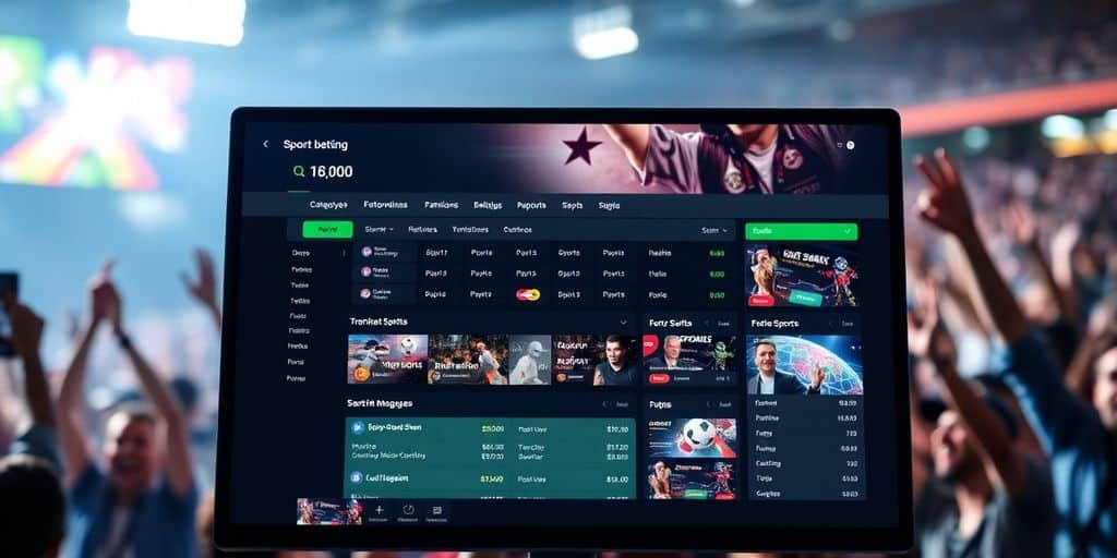 Sports betting interface with colorful options and fan backdrop.