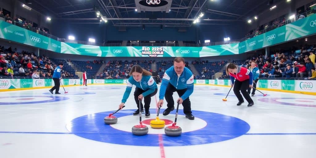 Two curlers in action during the Mixed Doubles Trials.