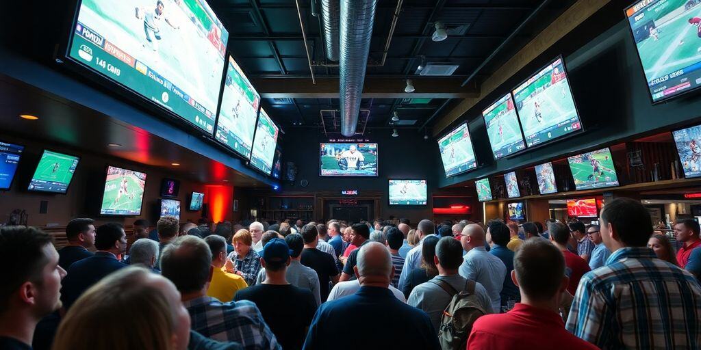 Crowded sports bar with patrons watching live sports events.